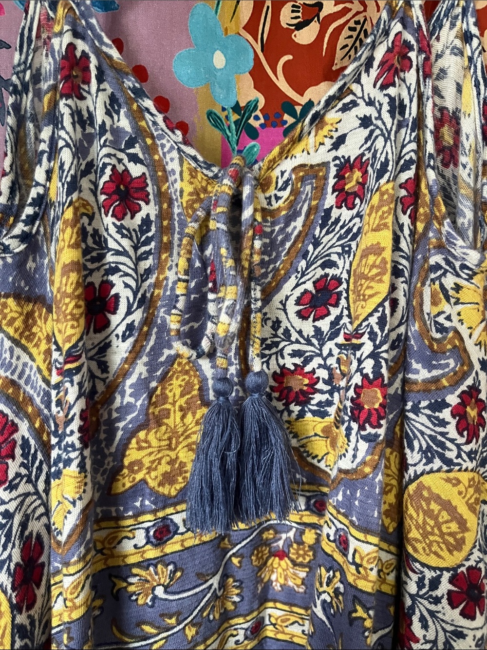 LUCKY BRAND Boho Handkerchief Cotton Blend Midi Dress in Blue & Gold Size XS - Picture 7 of 10